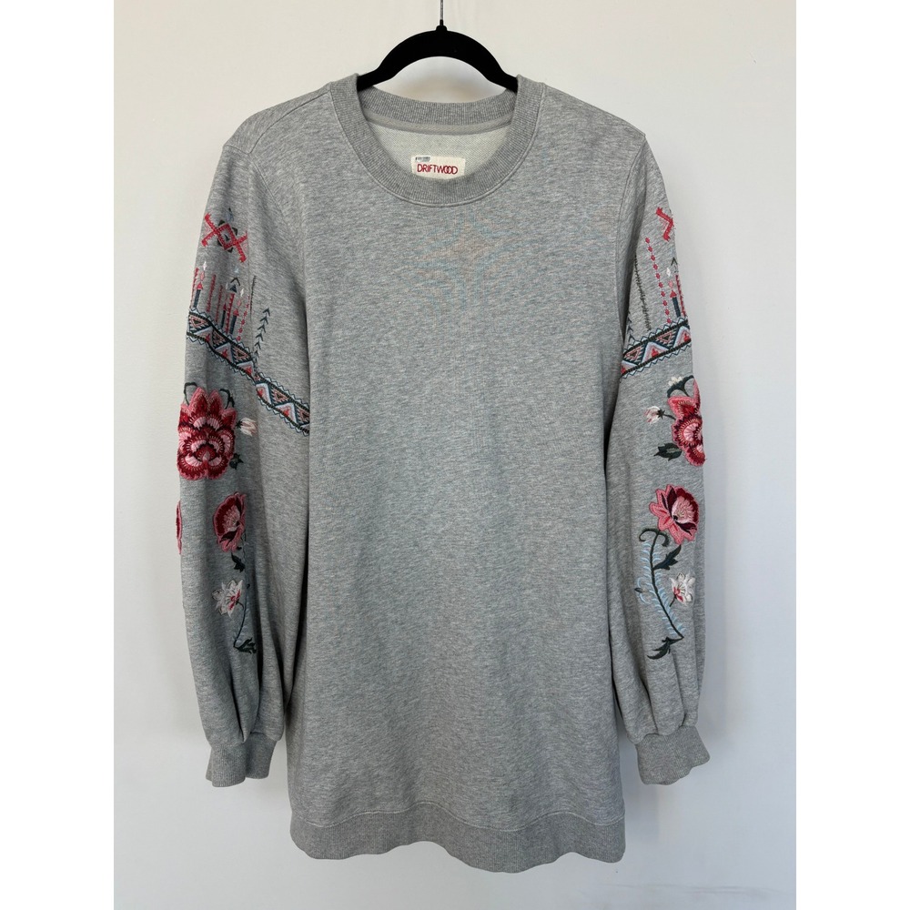 Driftwood Dani Embroidered Sweatshirt Gray Floral Sleeve Cotton Pullover Medium